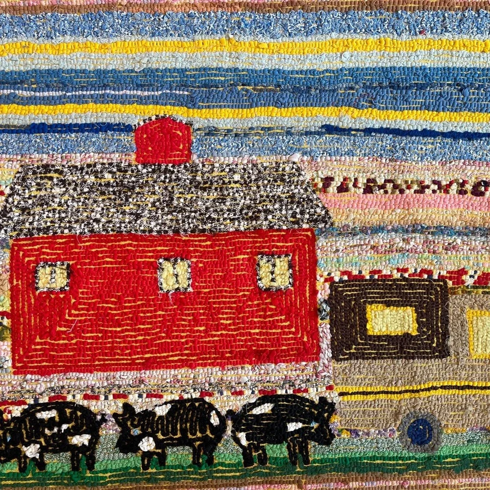 VTG Boho Grandma Cottage Core Rug Folk Art Hooked Farm Red Barn 46.75